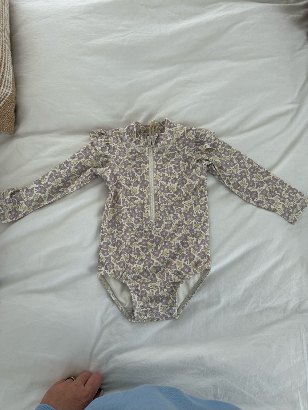 Long-Sleeve Floral One-Piece Swimsuit in Lavender and Cream- Quincy Mae
